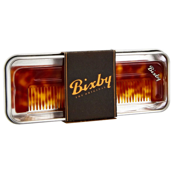 Amber Tortoise comb is fine toothed for precision styling and comes in a tin case perfect for travel