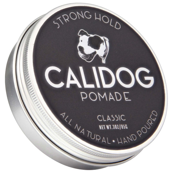 A top view of a tin of Calidog Classic Pomade