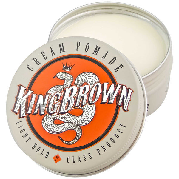 open tin of king brown creamy pomade with no shine and waterbased