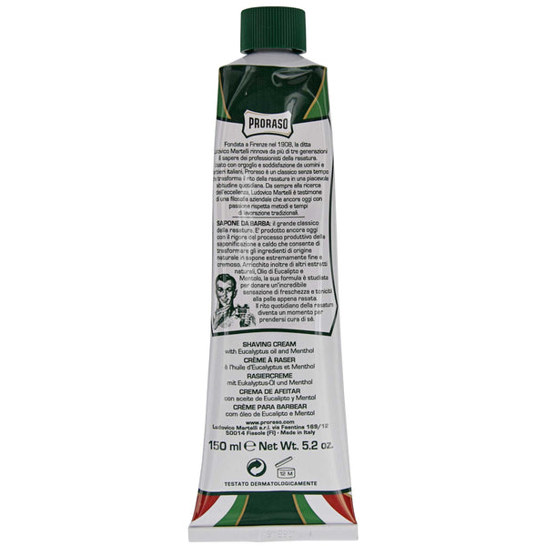 Back label and ingredients list of proraso shave cream in tube, refresh