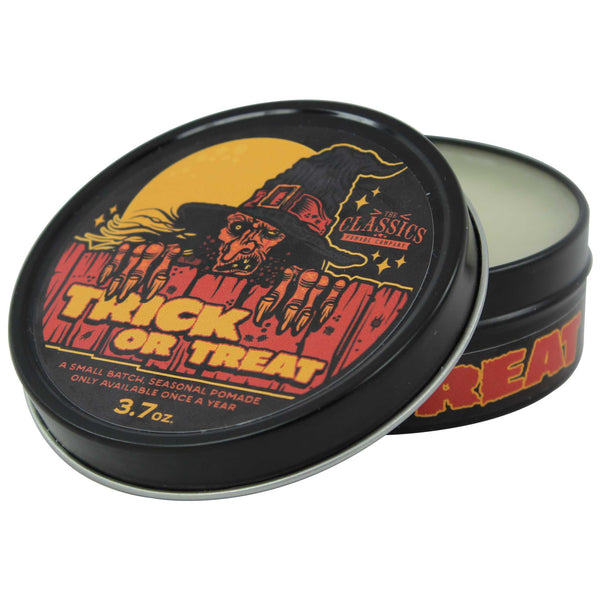 Open jar of The Classics Pomade Co. Trick or Treat 