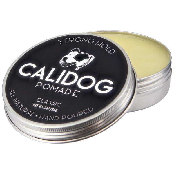 An open tin of Calidog Classic Pomade with it's product inside