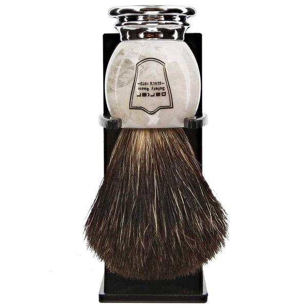 free stand with parker ivory handle shave brush for wet shaving