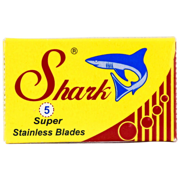 Shark Super stainless steel, last a long time and are very sharp making for a great shave