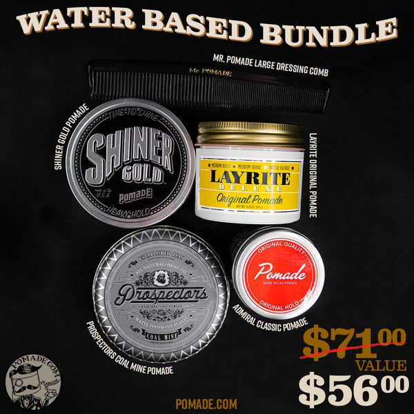 Water Based Pomade. Mr. Pomade Large Dressing Comb. Shiner Gold Pomade. Prospectors Coal Mine Pomade. Layrite Original Pomade. Admrial Classic Pomade.